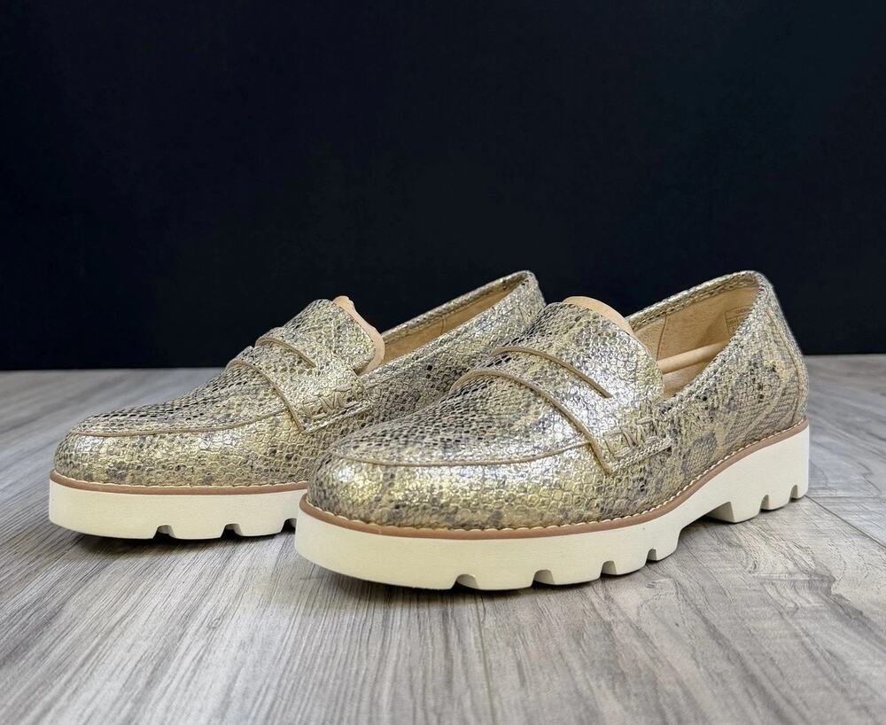 Vionic Cheryl II Gold Metallic Snake Leather Loafers Womens 7 Wide NEW